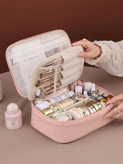 1pc Multi-Functional Travel Makeup Bag, Cosmetic Storage Bag, Waterproof Toiletry Bag, Large Capacity Cosmetic Organizer Bag, Convenient Travel Handbag For Skincare, Makeup, Makeup Brushes, Powder, Lipstick, Suitable For Beach, School, Bathroom, Holidays, Valentine's Day, Christmas, Mother's Day Gifts For Mothers, Family, Friends, Summer Essential