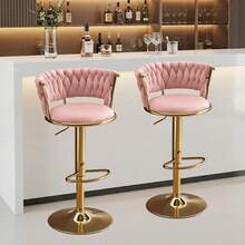Velvet Bar Stools Set Of 2, 360° Swivel Barstools Height Adjustable Counter Height Bar Chairs, Woven Back Upholstered Accent Chairs With Gold Footrest, Modern Dining Chairs For Kitchen Island Home Bar Dining Room, Pink - Pink - View 2