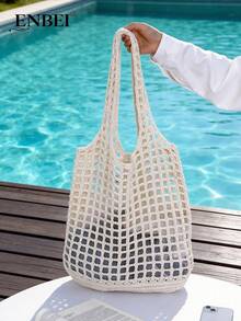 ENBEI Large Capacity Hollow Crochet Tote Bag, Women's Solid Color Crochet Handbag, Summer Hollow Beach Bag, Outdoor Travel Essential, Suitable For Female College Students, Girls, Office Ladies, Back To School Season, Vacation, Holidays, Mother's Day Gift - Beige - View 2