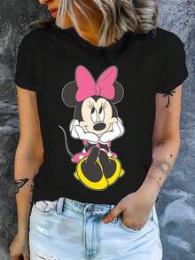 Disney IP Authorized Minnie Mouse Graphic Print Short Sleeve T-Shirt, Round Neck, Stretchy, Easy Care Material, Suitable For Daily Wear, Fashionable Women's Short Sleeve T-Shirt, Casual Wear - Black - View 3