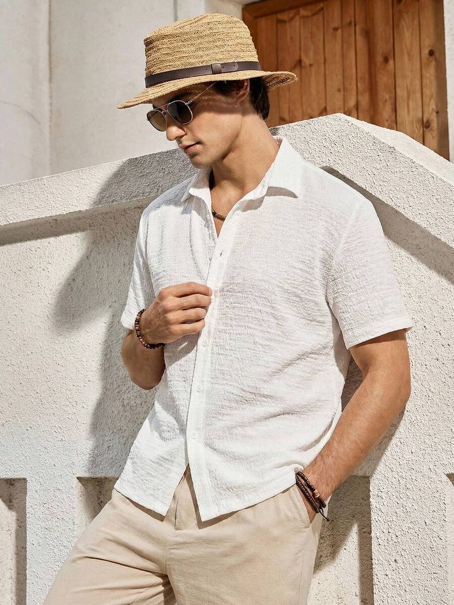 男士夏威夷纯色纽扣衬衫，适合夏季在夏威夷热带度假穿着。 - 白色 - 查看 1