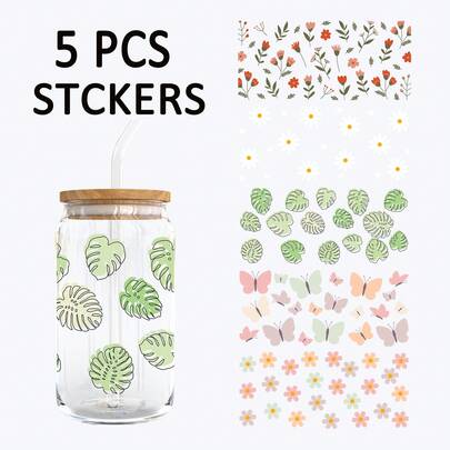 5pcs Minimalist Daisy, Butterfly, Turtle Leaf Plant Theme UV DTF Cup Stickers, Waterproof Scratch-Resistant 3D Crystal Stickers, Suitable For 16oz Glass Cups, Mugs, Crafts, Great For Decorating Personal Items (4.3in X 9.4in)