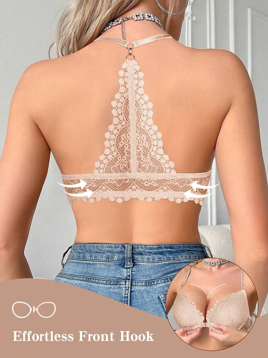 Hersunei 女士前扣蕾丝钢圈文胸 - U型后背设计，塑造背部曲线，提拉胸部，性感舒适，时尚百搭，适合日常及特殊场合