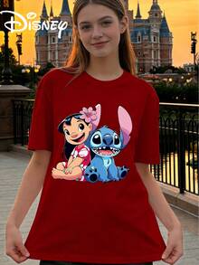 Disney StarCraft Baby Lilo And Stitch Same Frame Printed Loose Short Sleeve T-Shirt Women's Casual Top - Red - View 1