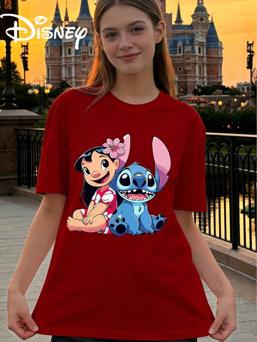 Disney StarCraft Baby Lilo And Stitch Same Frame Printed Loose Short Sleeve T-Shirt Women's Casual Top - Red - View 1