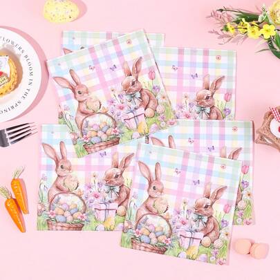 20pcs/40pcs/60pcs Easter Bunny Napkins, Cute Pink Plaid Rabbit Pattern Disposable Paper Napkins, Suitable For Easter Dinner, Spring Party And Craft Projects. Square Fabric Napkins Suitable For Luxury Dining Tables, Easter Plaid Pattern And Solid Color, Soft Napkins For Parties, Dessert Tables, Easter Table Decor, Business Events, Etc.