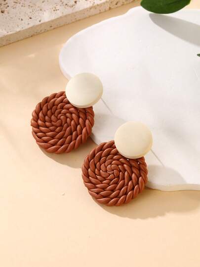 一对全新原创欧美极简手工软陶编织圆形耳环，纯天然木质3D效果，优质青铜色耳环，适合度假、派对、外出、日常佩戴，也可作为礼物，多种颜色可选。