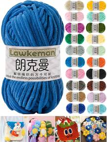 Lawkeman 4卷/200克 中等绒毛雪尼尔纱线，适用于钩编，柔软蓬松，多种颜色可选，适合DIY帽子、工艺品、围巾、毯子、毛衣等，每卷约50克 - 多款式 - 查看 5