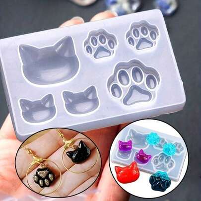 1 pieza Kit de molde de silicona DIY para manualidades con resina - Huellas de gato y oso, formas de corazón y estrella | Silicona flexible y transparente para hacer joyas fácilmente con diseños con temas de animales, moldes de resina de silicona