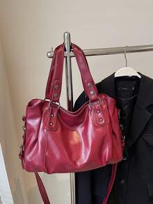 Retro Minimalist Large Capacity Fashion Student/Work Commute Tote Bag - Red - View 10