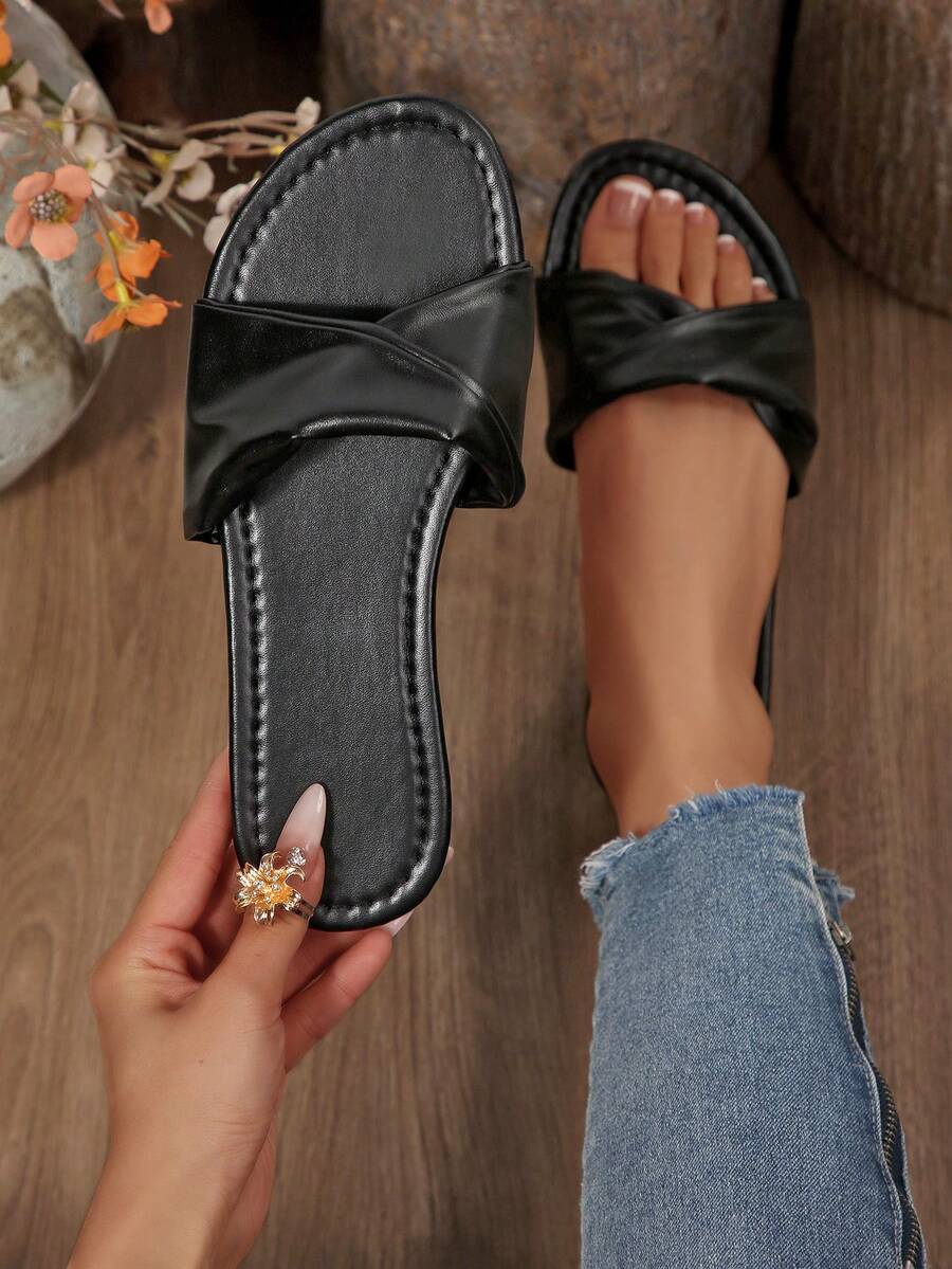 Women's Fashion Foldable Soft Leather Flat Pleated Slide Sandals, Versatile Slip-On Flat Square Toe Summer Sandals - Black - View 1
