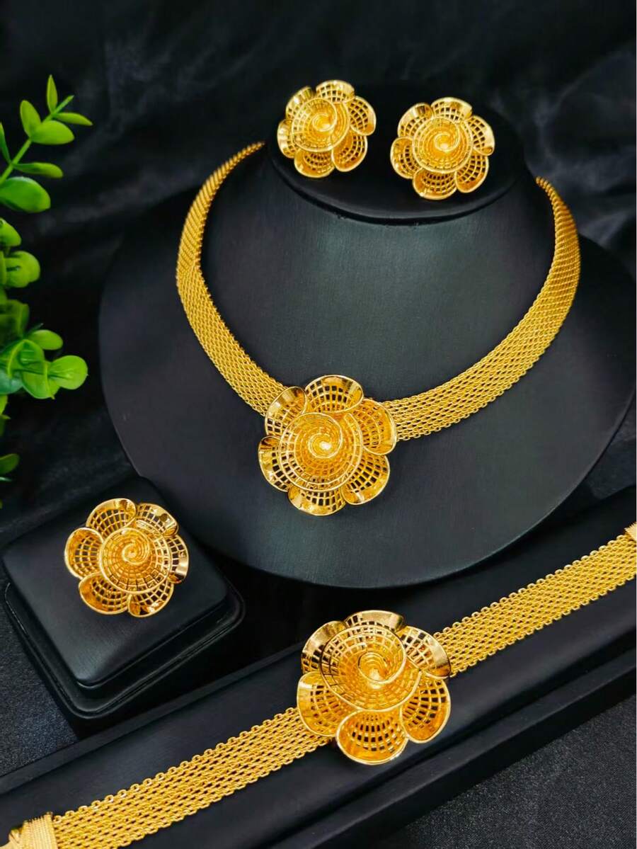 1pc Necklace, 1 Pair Earrings, 1pc Bracelet, 1pc Ring, Fashion Gold Flower Jewelry Set, Dubai Bride Jewelry Set, Wedding Party Jewelry Set, 4pcs Jewelry Set - Yellow Gold - View 1