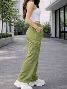 Pantalon cargo mujer tiro alto wide leg bolsillos laterales urbano casual streetwear holgado recto - Verde Oliva - Ver 2