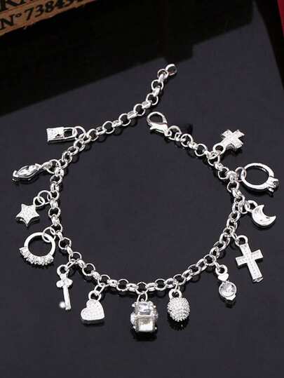 Pulsera de plata de ley 925 con dijes de luna, corazón, candado y cruz, joyería de moda para hombres y mujeres, para boda y fiesta
