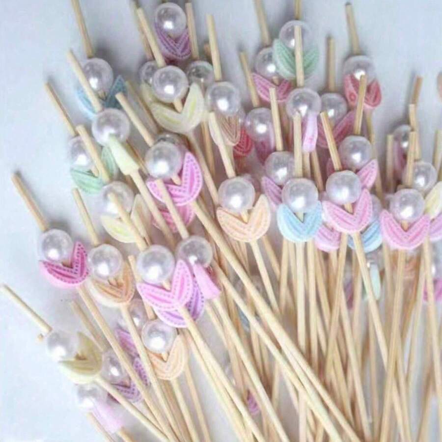 【数量】件/包 竹花苞混合色竹签，水果签，汉堡固定签，水果棒，食品装饰，派对签，精美花形竹签，适用于婚礼、派对、返校、聚会、礼品，健康环保，避免用手接触食物 - 新款 - 查看 1