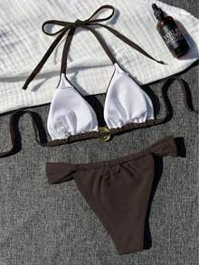 Women's Elegant Halter Neck Swimsuit With Triangle Cup Design And Gold Shell Buckle, Suitable For Beach Travel, Seaside Entertainment And Fashionable Vacation Wear - Brown - View 4