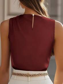 Blusa formal ajustada sin mangas con volantes en los hombros expuestos, color champán, adecuada para ir a la oficina, primavera y otoño-verano - Burdeos - Ver 6