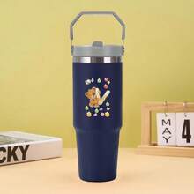 30盎司不锈钢保温水杯，带提手，双层壁防漏，适用于大多数杯架，带盖和吸管，适合健身房、家庭、办公室和旅行，A-Z字母熊图案 - 藏蓝色 - 查看 17