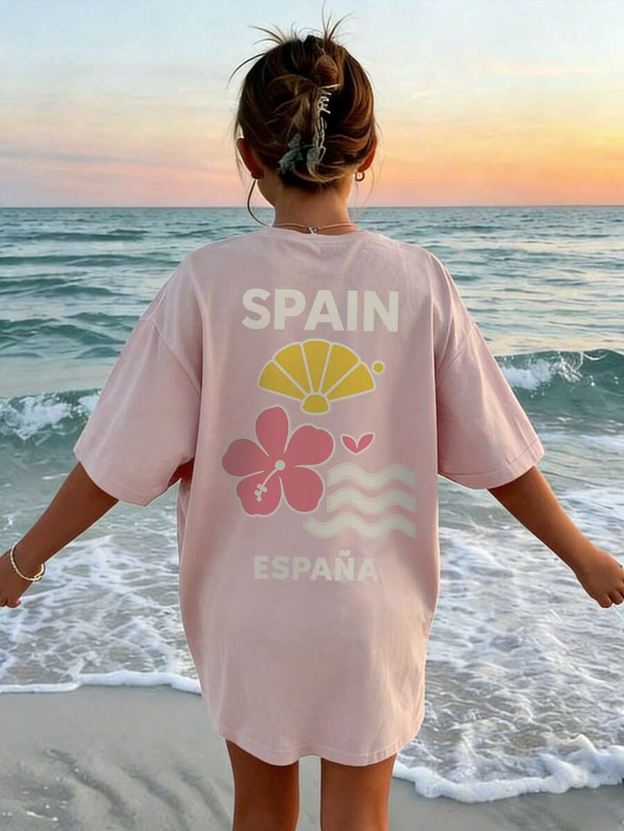 Tween Girls Casual Printed Round Neck Short Sleeve T-Shirt, Summer Top - Pink - View 1