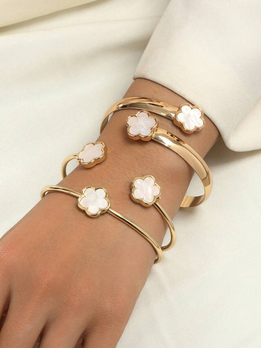 Bộ 3 vòng tay kim loại sang trọng kiểu retro hình cỏ bốn lá trắng, món quà kỷ niệm cao cấp đa năng dành cho người đi làm. - trắng - Xem 1