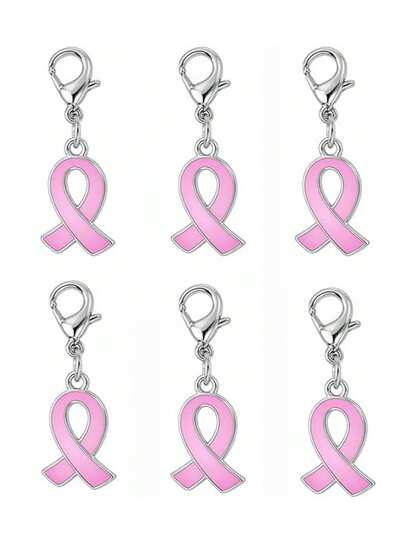 6PCS Pink Ribbon Charm Pendant With Lobster Clasp, Cancer Awareness Alloy Charms For Keychain, Wallet Zipper Pull, Bracelet Clip-On Charm