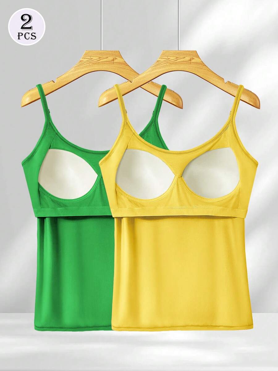 2pcs Camisole With Built-In Bra, Adjustable Strap, Solid Color Vest For Women - Multicolor - View 1