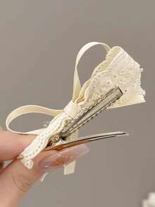 1-4个装 女士米色蕾丝刺绣蝴蝶结发夹，侧刘海夹，马尾夹，甜美日常佩戴发饰 - 蕾絲-雙層米色髮夾 - 查看 5