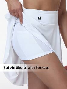HOTSUIT 女款網球裙，不對稱下擺，內建短褲－緊身設計適合快速運動，附口袋－適用於羽球與健身 - 白色 - 查看 4