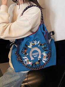 网红同款刺绣抽绳手提袋，游乐园设计，学生/通勤包 - 藍色 - 查看 3