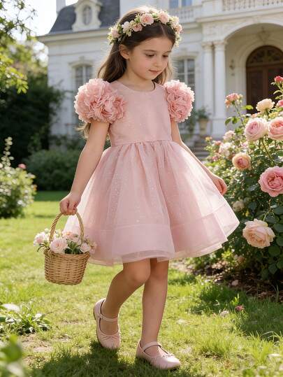 XUMPLO Young Girl' Elegant Round Neck 3D Floral Sleeve Shiny Mesh Party Dress, Birthday, Gift, Party, Photo Shoot, Spring