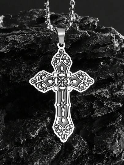 1pc Men's Vintage Floral Cross Pendant Necklace, Stainless Steel Religious Jewelry, Christian Catholic Gift