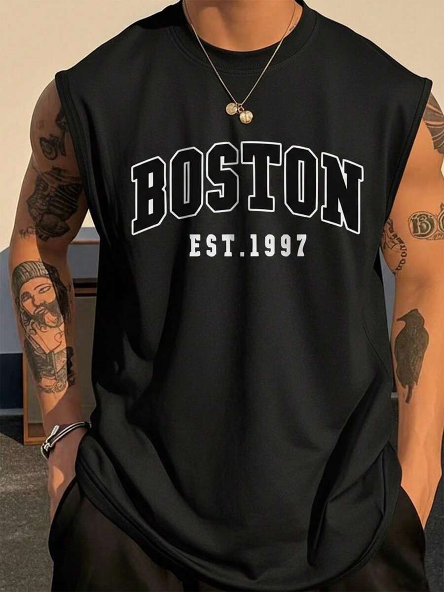 Men's Minimalist Printed Sleeveless Tank Top, Suitable For Everyday Wear - Black - View 1