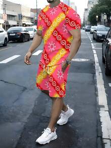 Two-Piece, Vibrant And Eye-Catching, Knitted Fabric, Striking Pattern, Men's Theme Parties, Summer Terrace Soirees, Pink, Yellow And White Dotted Geometric Pattern, Men's Short-Sleeve Beach Pants Set - 彩色 - 查看 1