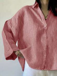 Women's Polyester Striped Drop Shoulder Long Sleeve Collared Shirt, Front Button Design, Regular Length, Non-Stretch Fabric Top Spring - Red - View 3