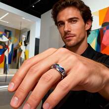 时尚8毫米银色陶瓷316L不锈钢戒指，男女通用，镶嵌合成蓝色蛋白石，发光戒指，舒适贴合，珠宝礼品 - 銀色陶瓷不銹鋼 - 查看 8