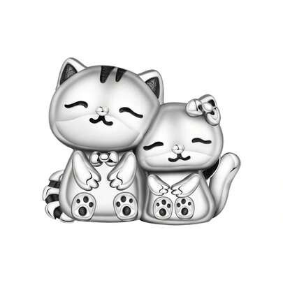 CYMYSS 1pc Cute Cartoon Cat Style 925 Silver Plated Bow Tie & Collar Decor Cat Couple Pendant, Gift For Women On Valentine's Day/Birthday