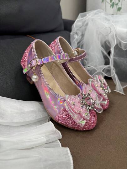 New Fashion High Heel Shoes For Girls, Non-Slip & Durable Design With Rhinestone Butterfly, Suitable For All Seasons, Ideal For Little Girls Performance Dress Shoes