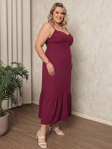 Plus Size Women's Long Plain Strappy Dress For Summer, Lightweight, Comfortable With Built-In Bra And Front Buttons - 酒紅色 - 查看 7