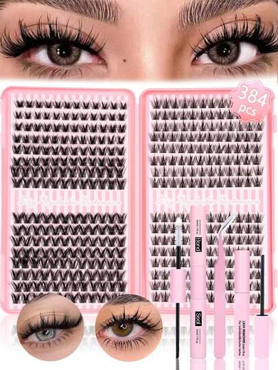 384pcs Eyelash Extension Kit - DIY Eyelash Book, Includes False Lashes, Bond&Seal, Remover, Tweezers, DIY Eyelash Extension Set, Lightweight & Reusable, Soft & Natural Mixed Lashes,Easy For Professionals And Beginners, Convenient For Home Use.