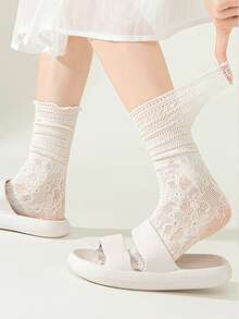 1 Pair/3 Pairs Lace Trim Mid-Calf Socks, Women's Breathable Sheer Ballet Style Long Socks, Thin For Spring And Summer - Multicolor - View 9