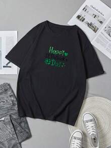 Men's T-Shirt, Women's T-Shirt,  St Patrick's Day Themed Designs Featuring,  Happy St Patricks Day With Green Heart And Clover Design On Black T Shirt Comfortable And Versatile Outdoor Casual Short Sleeve - Negro - Ver 5