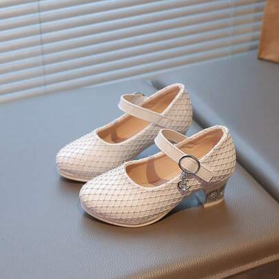 1 par de zapatos de cuero con tacón grueso y decoración de perlas, estilo retro de escote bajo, adecuados para bodas y fiestas, para niños