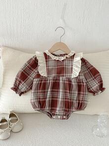 Spring Baby Girls' Plaid Romper, Korean Style Lace Trim Bodysuit, Autumn - Red - View 7