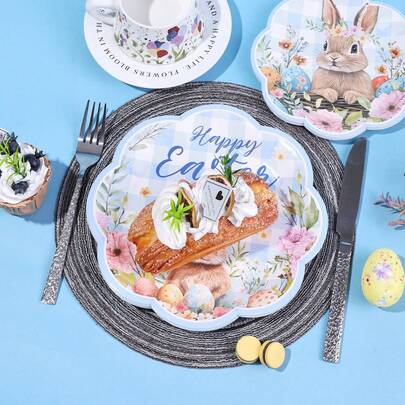 10/20/40 طقم من أطباق ورقية بنمط الخطوط المتقاطعة الفاتحة مع أرانب عيد الفصح، أطباق ورقية قابلة للتخلص منها بحواف مموجة، مطبوعة بأرانب زهرية وبيض ملون، مثالية لإمدادات حفلة عيد الفصح الربيعية، أطباق ورقية بنمط الخطوط المتقاطعة والأرانب المائية