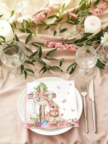 20pcs Easter Bunny Printed Party Napkins - 2-Ply 24.89x24.89 Cm Green Plaid With Butterfly & Rabbit Design, Handmade Bone Bart Paper Placemats For Easter Spring Table Decorations - Multicolor - View 5