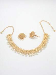 1pc Necklace & 1 Pair Earrings Set, Floral Engraved Necklace, Tassel Bell Earrings, Bohemian Classical Style, Suitable For Holiday, Travel, Party, Formal Occasions For Women - Golden White - View 3