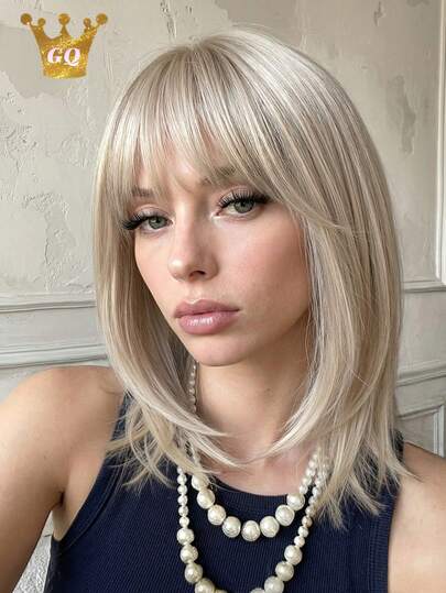 12 Inch Straight Short Bangs Synthetic Wig, Heat Resistant, For Daily Wear And Party Use