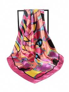 1 chiếc khăn vuông bằng satin họa tiết hình học dành cho nữ, màu hồng cánh sen, phụ kiện đội đầu thời trang ngoài trời, quà tặng ngày Valentine. - Màu Hồng Tươi - Xem 3