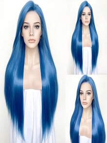13x4 Elegant 26 Inch Blue Lace Front Wig, Synthetic Lace Front Wig With Pre-Plucked Hairline, Heat Resistant Fiber Hair, Silky Straight Wig For Women, Cosplay, Party, Daily Use - Baby Blue - View 15