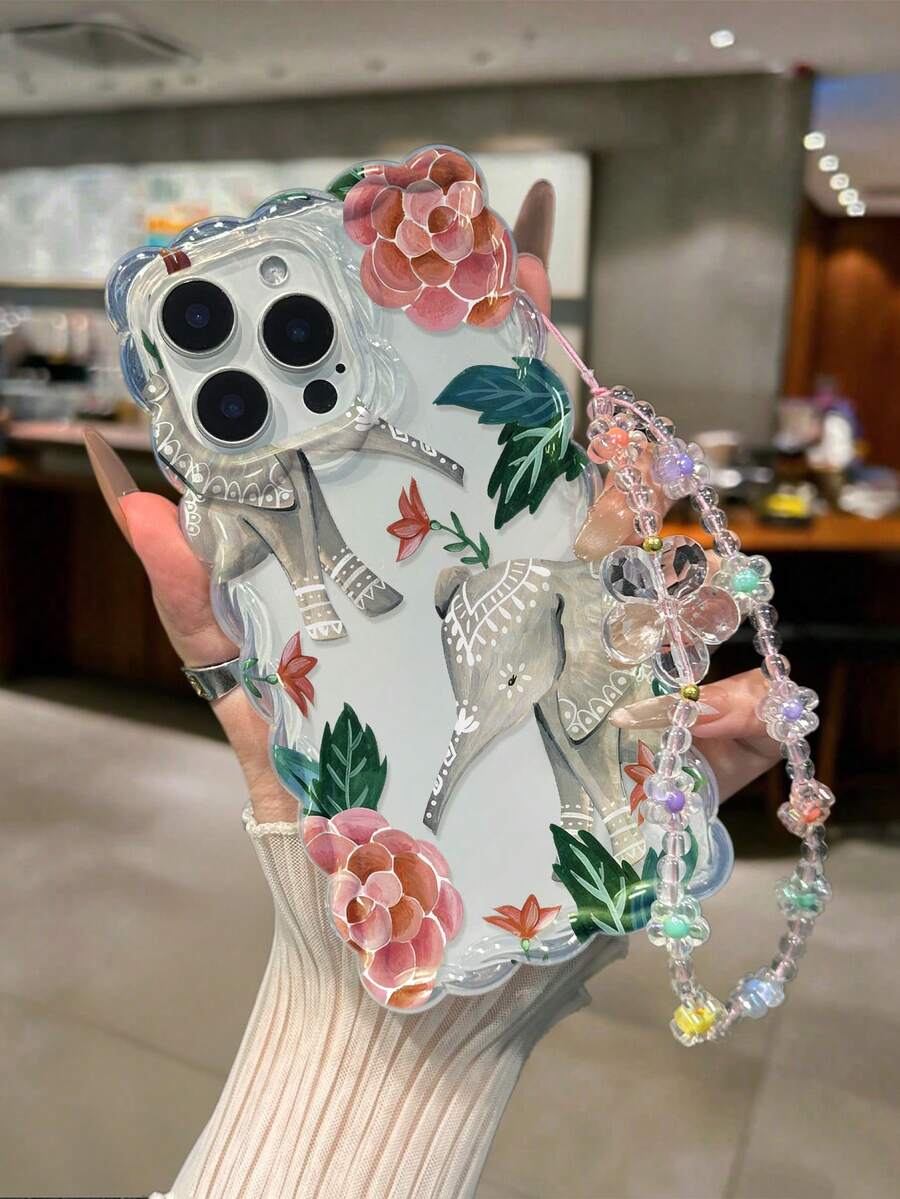 大象嘴唇彩绘编织波浪边可拆卸手链简约防摔加厚手机保护壳，印花款，适用于 17/17 Pro/17 Pro Max、16 XR/7/8、15 Pro Max、12 Pro Max、13 Pro Max、14 Pro Max、13、14、11、12P、14P、11P、12P、XS、XR、7/8P、7/8G ES2 手机壳 - 彩色 - 查看 1